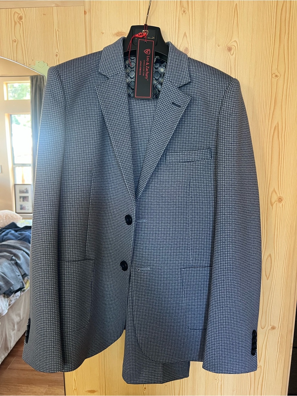 Leo & Zachary Boys Size 14 Navy Houndstooth Stretch Suit Blazer Pants Set